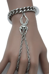 Silver Metal Hand Chain Bracelet Small Spider Skull Halloween
